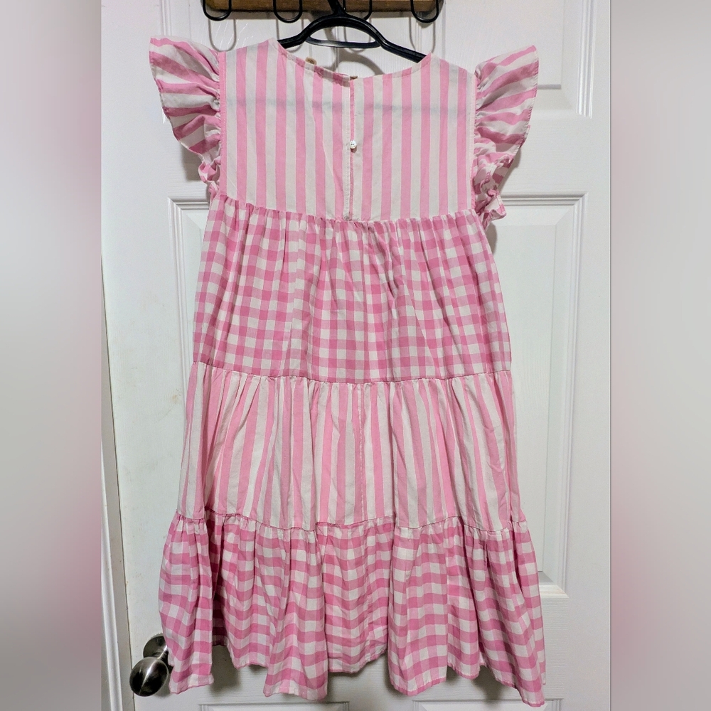 Entro Pink Mixed Stripe Gingham Tiered Flutter Sleeve Dress Small Romantic - Picture 3 of 10